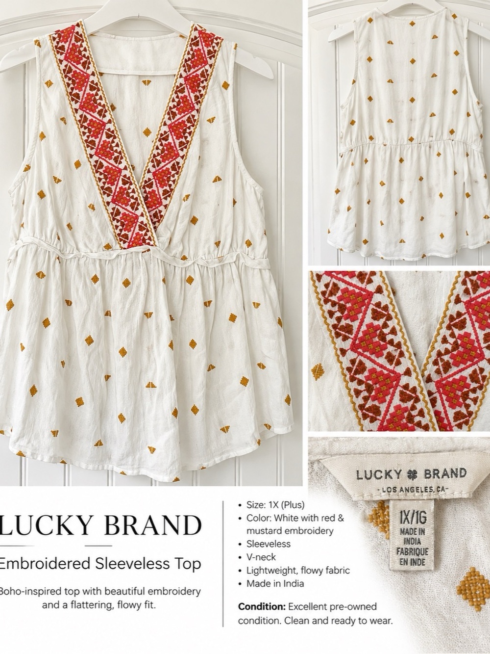 Lucky Brand Embroidered Sleeveless Top Size 1X/16 White Boho Blouse